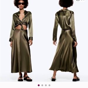 Olive Satin Effect Midi Dress